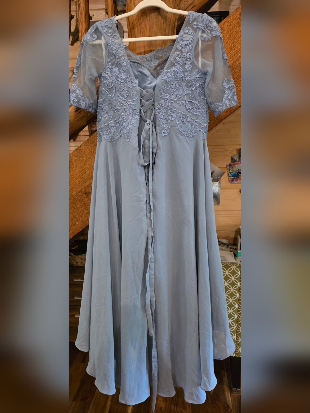 Elegant Light Blue Lace Bodice Chiffon Dress - Picture 4 of 7